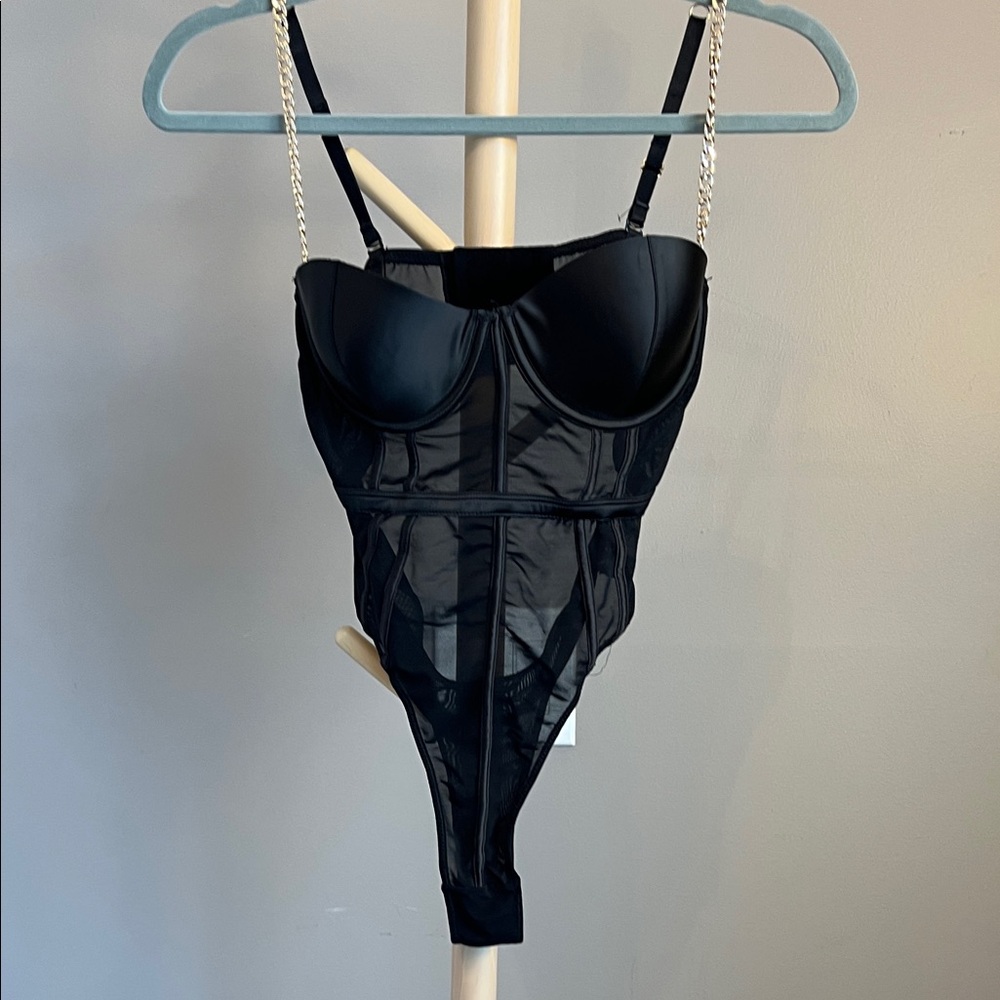 Fascinating Nights Black Women's Bodysuit Teddy Mesh with Chain Straps Medium
